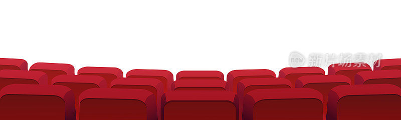 一排排的电影院或电影院的座位孤立在白色上。矢量黑屏，会议厅、歌剧院或礼堂的红色丝绒椅子。Premier showtime舒适的座位，娱乐表演